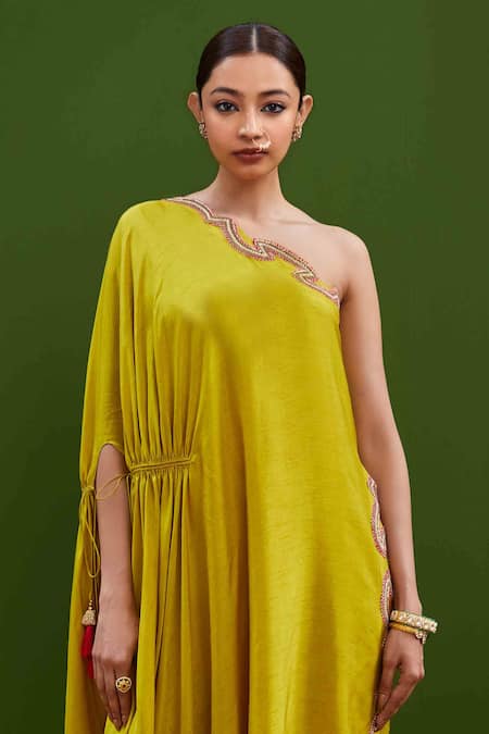 Vasavi Shah_Yellow Silk Gota Patti One-shoulder Embroidered Tunic And Pant Set _Online_at_Aza_Fashions