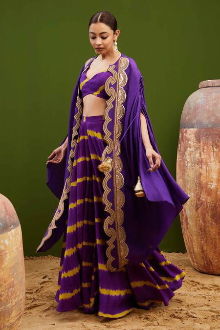 Vasavi Shah_Purple Silk Embroidery, Gota Patti V-neck Cutwork Cape Pant Set _Online_at_Aza_Fashions