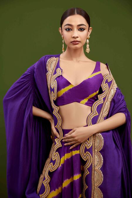 Buy_Vasavi Shah_Purple Silk Embroidery, Gota Patti V-neck Cutwork Cape Pant Set _Online_at_Aza_Fashions