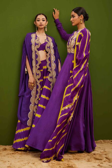 Shop_Vasavi Shah_Purple Silk Embroidery, Gota Patti V-neck Cutwork Cape Pant Set _Online_at_Aza_Fashions
