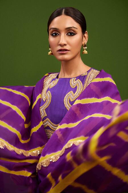 Vasavi Shah_Purple Silk Gota Patti, Embroidery Round Neck Anarkali With Dupatta _Online_at_Aza_Fashions