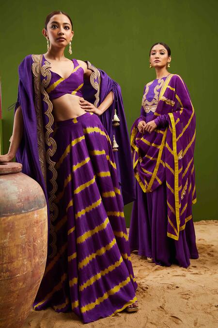 Buy_Vasavi Shah_Purple Silk Gota Patti, Embroidery Round Neck Anarkali With Dupatta _Online_at_Aza_Fashions