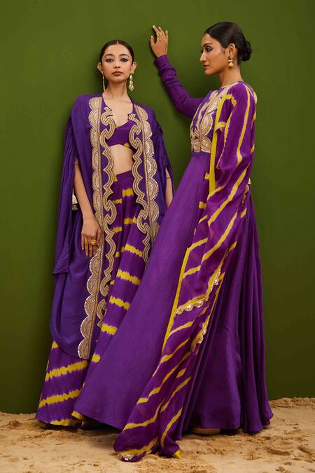Shop_Vasavi Shah_Purple Silk Gota Patti, Embroidery Round Neck Anarkali With Dupatta _Online_at_Aza_Fashions