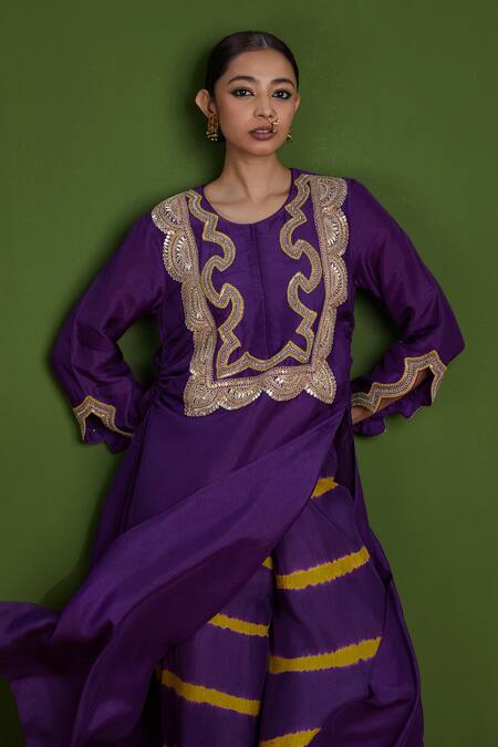 Buy_Vasavi Shah_Purple Silk Diamonds, Sequins Round Gota And French Knot Work Kurta & Palazzo Set _Online_at_Aza_Fashions