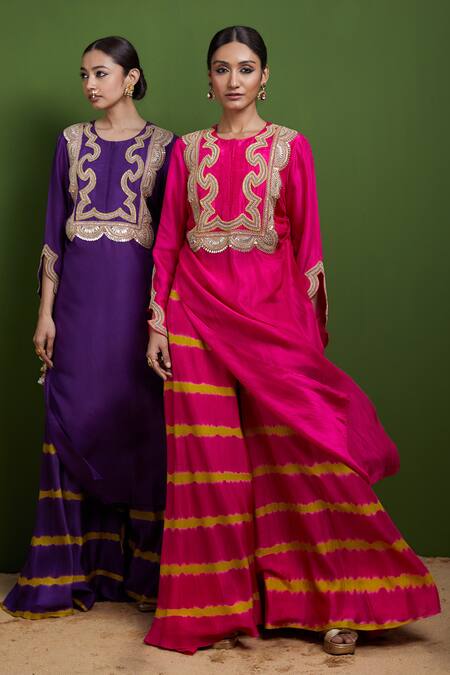 Shop_Vasavi Shah_Purple Silk Diamonds, Sequins Round Gota And French Knot Work Kurta & Palazzo Set _Online_at_Aza_Fashions