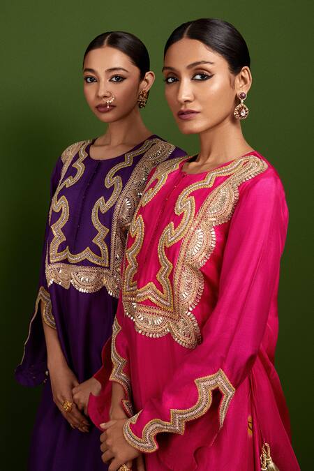 Buy_Vasavi Shah_Pink Silk Embroidery, Sequins Round Neck Gota Kurta And Circular Palazzo Set _Online_at_Aza_Fashions