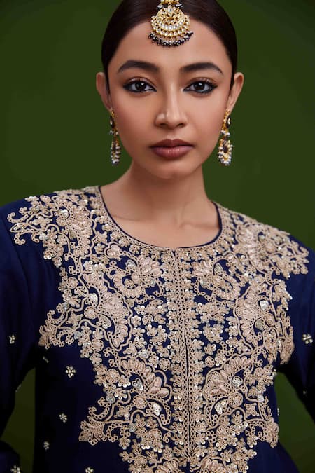 Vasavi Shah_Blue Silk Sequins, Embroidery Round Neck Dori And Jacket & Harrem Pant Set _Online_at_Aza_Fashions