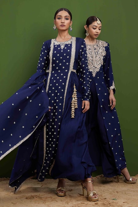 Buy_Vasavi Shah_Blue Silk Sequins, Embroidery Round Neck Dori And Jacket & Harrem Pant Set _Online_at_Aza_Fashions