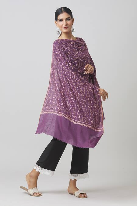 Toosh Kashmir_Purple Sozni Hand Embroidered Pashmina Shawl _Online_at_Aza_Fashions