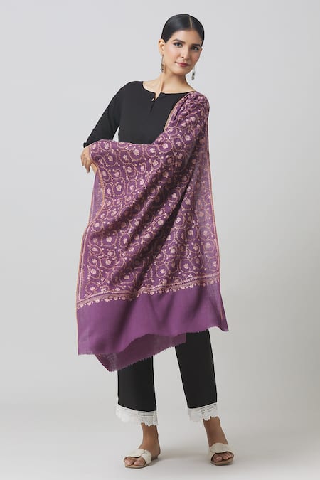 Toosh Kashmir Purple Sozni Hand Embroidered Pashmina Shawl 