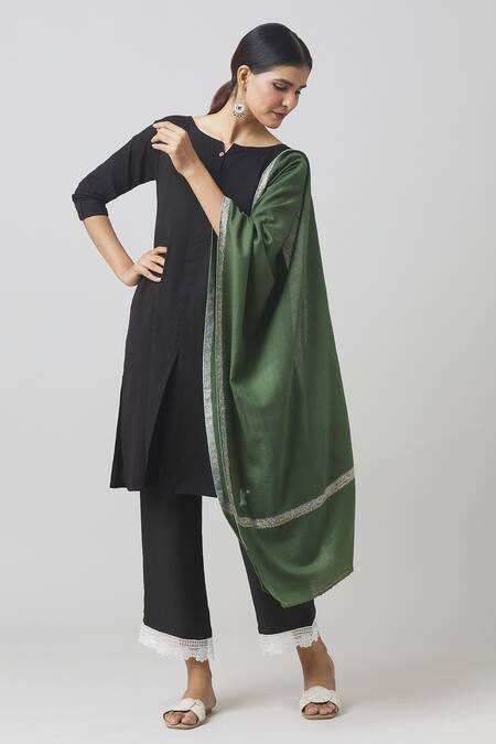 Shop_Toosh Kashmir_Green Sozni Embroidered Border Shawl _at_Aza_Fashions
