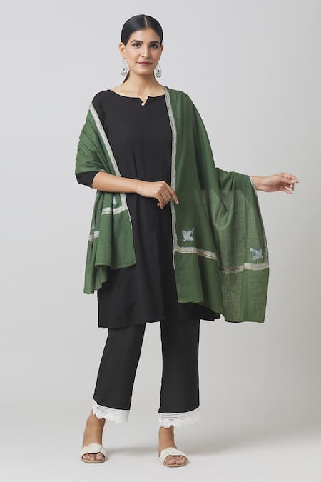 Shop_Toosh Kashmir_Green Sozni Embroidered Border Shawl _Online_at_Aza_Fashions