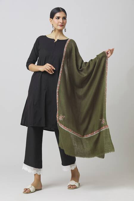 Toosh Kashmir_Green Sozni Butti Embroidered Pashmina Shawl _Online_at_Aza_Fashions