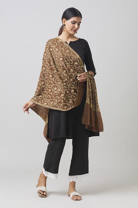 Toosh Kashmir Brown Sozni Embroidered Jaaldar Pashmina Shawl 