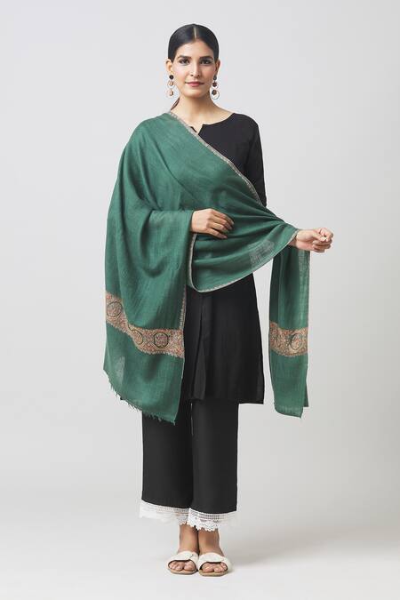 Shop_Toosh Kashmir_Green Sozni Palladar Embroidered Pashmina Shawl _Online_at_Aza_Fashions