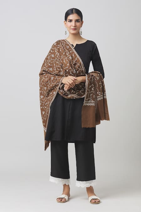 Toosh Kashmir Brown Sozni Jaal Embroidered Shawl 