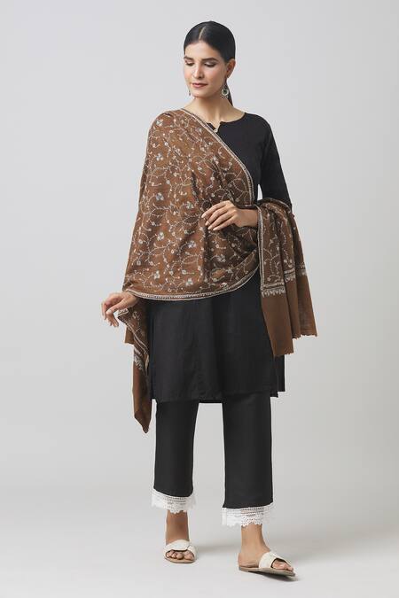 Toosh Kashmir Brown Sozni Jaal Embroidered Shawl Online at Aza Fashions Toosh Kashmir_Brown Sozni Jaal Embroidered Shawl _Online_at_Aza_Fashions