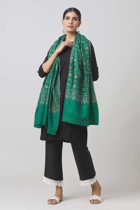 Toosh Kashmir_Green Sozni Floral Embroidered Jamawar Pashmina Shawl _Online_at_Aza_Fashions