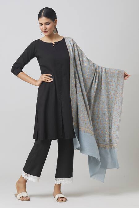 Toosh Kashmir_Grey Sozni Floral Hand Embroidered Jaaldar Pashmina Shawl_Online_at_Aza_Fashions