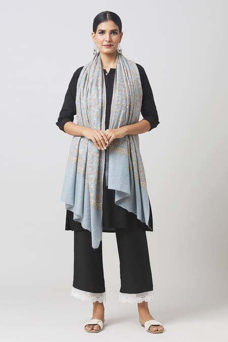 Shop_Toosh Kashmir_Grey Sozni Floral Hand Embroidered Jaaldar Pashmina Shawl_Online_at_Aza_Fashions