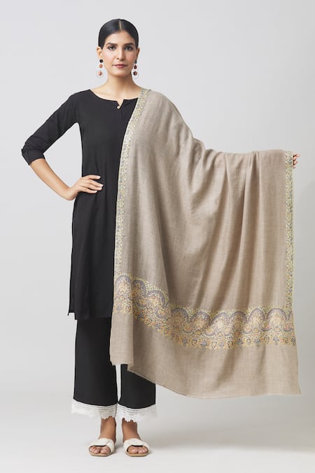 Toosh Kashmir Grey Sozni Floral Embroidered Palladar Pashmina Shawl 