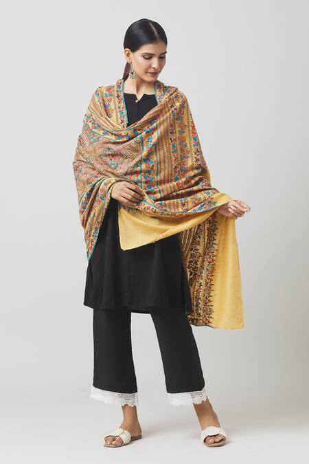 Toosh Kashmir Beige Sozni Embroidered Jamawar Pashmina Shawl Online at Aza Fashions Toosh Kashmir_Beige Sozni Embroidered Jamawar Pashmina Shawl_Online_at_Aza_Fashions