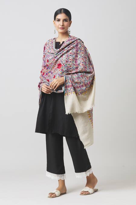Toosh Kashmir_Grey Sozni Flower Embroidered Jamawar Pashmina Shawl_Online_at_Aza_Fashions
