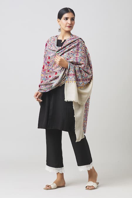 Buy_Toosh Kashmir_Grey Sozni Flower Embroidered Jamawar Pashmina Shawl_Online_at_Aza_Fashions