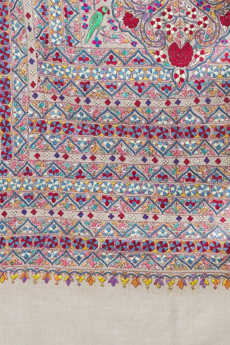 Shop_Toosh Kashmir_Grey Sozni Flower Embroidered Jamawar Pashmina Shawl_Online_at_Aza_Fashions