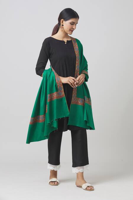 Toosh Kashmir Green Sozni Floral Hand Embroidered Shawl Online at Aza Fashions Toosh Kashmir_Green Sozni Floral Hand Embroidered Shawl_Online_at_Aza_Fashions