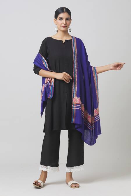 Shop_Toosh Kashmir_Blue Sozni Paisley Border Embroidered Pashmina Shawl _Online_at_Aza_Fashions