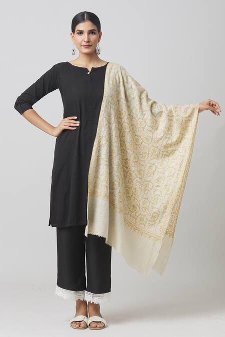 Shop Toosh Kashmir Off White Sozni Floral Vine Embroidered Pashmina Shawl at Aza Fashions Shop_Toosh Kashmir_Off White Sozni Floral Vine Embroidered Pashmina Shawl_at_Aza_Fashions