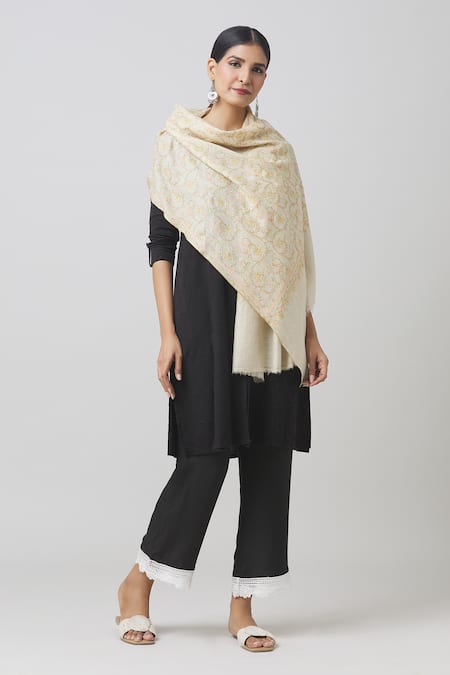 Toosh Kashmir Off White Sozni Floral Vine Embroidered Pashmina Shawl Online at Aza Fashions Toosh Kashmir_Off White Sozni Floral Vine Embroidered Pashmina Shawl_Online_at_Aza_Fashions