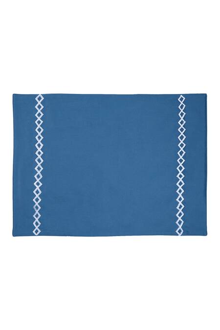 Shop Veda Homes Blue 100% Cotton Embroidery Cubes Placement 6 Pcs Placemats at Aza Fashions Shop_Veda Homes_Blue 100% Cotton Embroidery Cubes Placement 6 Pcs Placemats_at_Aza_Fashions