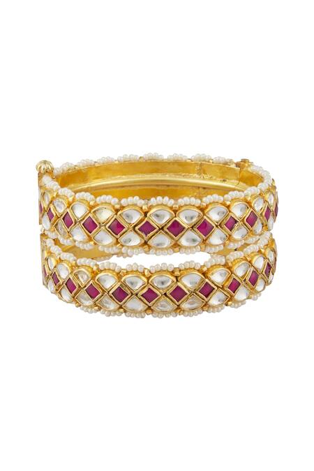 Shop_Saga Jewels_Gold Plated Pearls, Diamonds Embellished Bangles - Set Of 2_Online_at_Aza_Fashions