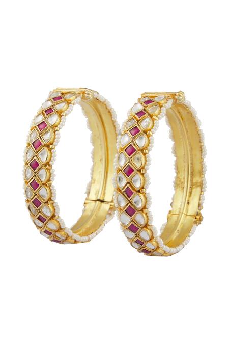 Saga Jewels_Gold Plated Pearls, Diamonds Embellished Bangles - Set Of 2_at_Aza_Fashions