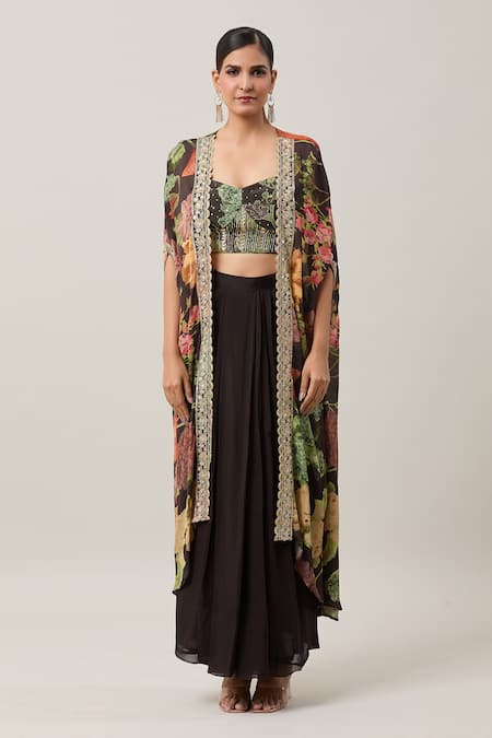 Buy_Basanti Kapde aur Koffee_Black Chiffon Embroidery, Sequins Round Neck Floral Print Cape Skirt Set_Online_at_Aza_Fashions