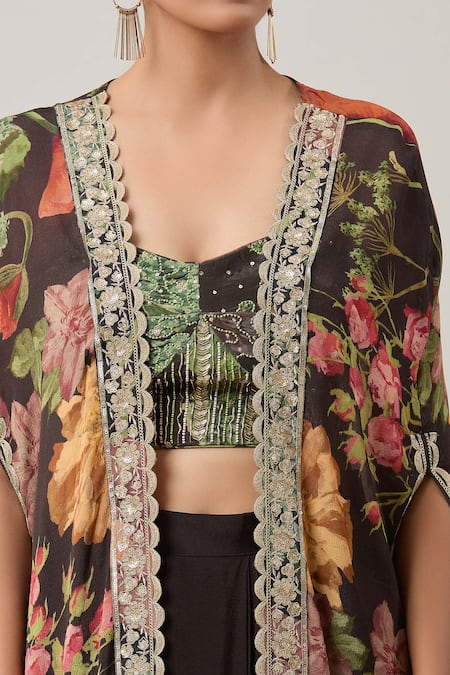 Shop_Basanti Kapde aur Koffee_Black Chiffon Embroidery, Sequins Round Neck Floral Print Cape Skirt Set_Online_at_Aza_Fashions