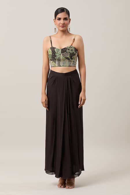 Basanti Kapde aur Koffee_Black Chiffon Embroidery, Sequins Round Neck Floral Print Cape Skirt Set_at_Aza_Fashions