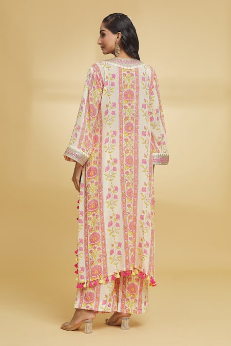 Shop Maayera Jaipur Yellow Silk, Crepe Tassels, Gota Floral Pattern Embroidered Kurta And Pant Set at Aza Fashions Shop_Maayera Jaipur_Yellow Silk, Crepe Tassels, Gota Floral Pattern Embroidered Kurta And Pant Set _at_Aza_Fashions