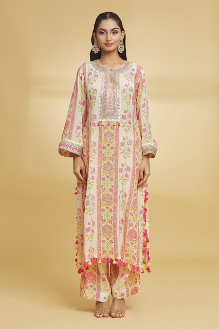 Maayera Jaipur Yellow Silk, Crepe Tassels, Gota Floral Pattern Embroidered Kurta And Pant Set Online at Aza Fashions Maayera Jaipur_Yellow Silk, Crepe Tassels, Gota Floral Pattern Embroidered Kurta And Pant Set _Online_at_Aza_Fashions