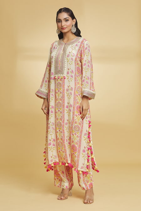 Buy Maayera Jaipur Yellow Silk, Crepe Tassels, Gota Floral Pattern Embroidered Kurta And Pant Set Online at Aza Fashions Buy_Maayera Jaipur_Yellow Silk, Crepe Tassels, Gota Floral Pattern Embroidered Kurta And Pant Set _Online_at_Aza_Fashions