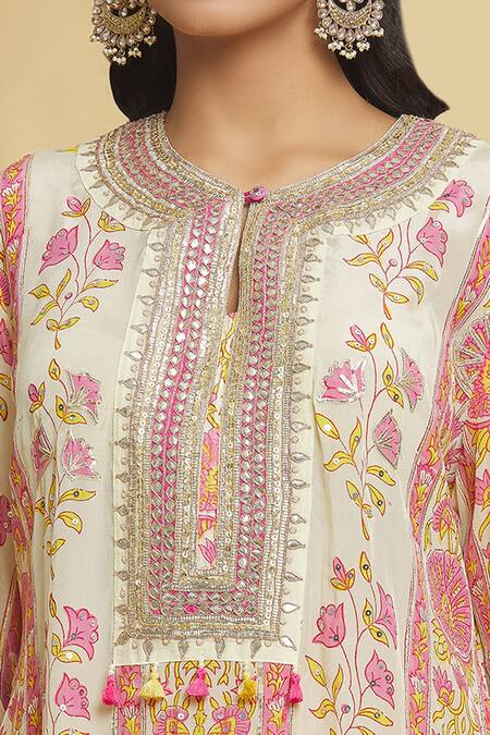 Shop Maayera Jaipur Yellow Silk, Crepe Tassels, Gota Floral Pattern Embroidered Kurta And Pant Set Online at Aza Fashions Shop_Maayera Jaipur_Yellow Silk, Crepe Tassels, Gota Floral Pattern Embroidered Kurta And Pant Set _Online_at_Aza_Fashions