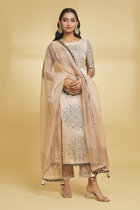 Maayera Jaipur Beige Mul Satin Silk Organza Floral Mandala Pattern Kurta Pant Set  