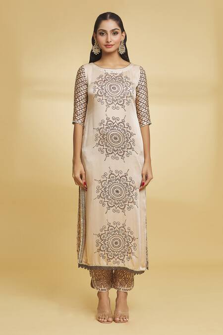 Maayera Jaipur Beige Cotton, Silk Organza Sequins Round Floral Mandala Pattern Kurta Pant Set Online at Aza Fashions Maayera Jaipur_Beige Cotton, Silk Organza Sequins Round Floral Mandala Pattern Kurta Pant Set _Online_at_Aza_Fashions