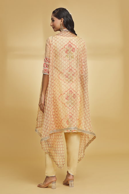 Shop Maayera Jaipur Yellow Silk Organza, Cotton Gota Floral Geometric Pattern Kurta Jacket Set at Aza Fashions Shop_Maayera Jaipur_Yellow Silk Organza, Cotton Gota Floral Geometric Pattern Kurta Jacket Set _at_Aza_Fashions