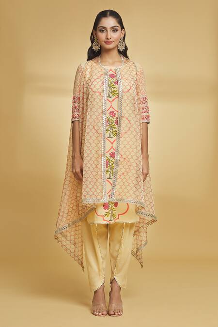 Maayera Jaipur Yellow Silk Organza, Cotton Gota Floral Geometric Pattern Kurta Jacket Set Online at Aza Fashions Maayera Jaipur_Yellow Silk Organza, Cotton Gota Floral Geometric Pattern Kurta Jacket Set _Online_at_Aza_Fashions