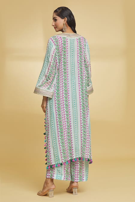 Shop Maayera Jaipur Blue Silk, Crepe Gota Patti, Floral Geometric Pattern Kurta And Pant Set at Aza Fashions Shop_Maayera Jaipur_Blue Silk, Crepe Gota Patti, Floral Geometric Pattern Kurta And Pant Set _at_Aza_Fashions