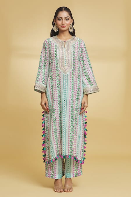 Maayera Jaipur Blue Silk, Crepe Gota Patti, Floral Geometric Pattern Kurta And Pant Set Online at Aza Fashions Maayera Jaipur_Blue Silk, Crepe Gota Patti, Floral Geometric Pattern Kurta And Pant Set _Online_at_Aza_Fashions