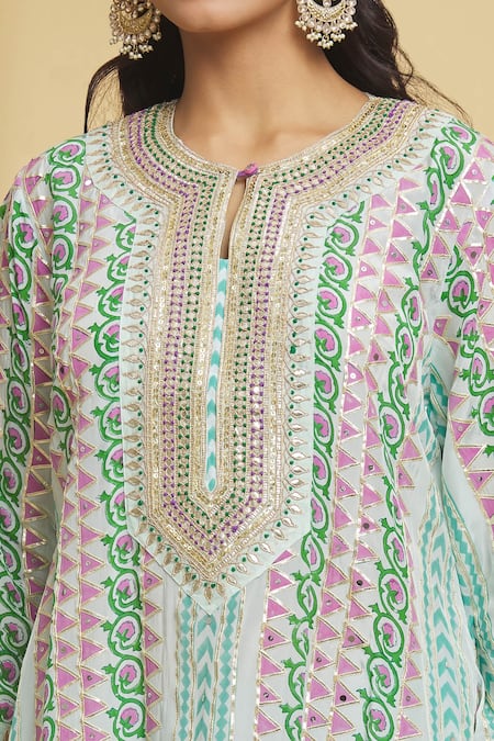 Shop Maayera Jaipur Blue Silk, Crepe Gota Patti, Floral Geometric Pattern Kurta And Pant Set Online at Aza Fashions Shop_Maayera Jaipur_Blue Silk, Crepe Gota Patti, Floral Geometric Pattern Kurta And Pant Set _Online_at_Aza_Fashions